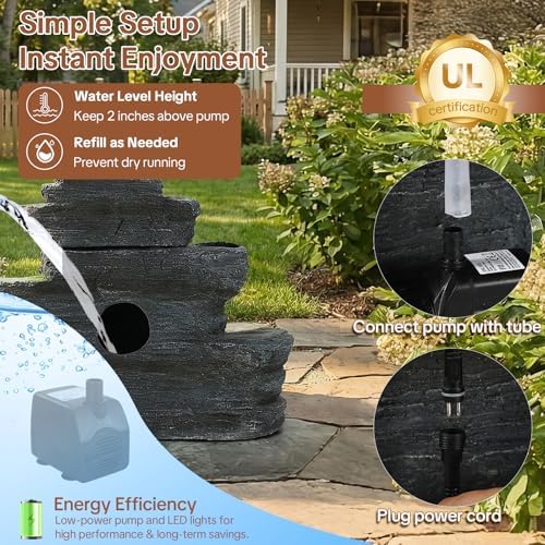 HOMEDIARY 4-Tier Outdoor Water Fountain, 29.7" L Rustic Rock Waterfall Fountain with LED Lights, Stone Texture Floor-Standing Resin Water Feature with Realistic Moss Accents for Patio, Porch & Indoor - Image 5