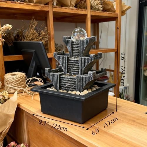Tabletop Waterfalls Mountain with Pagoda Stepped & Spining Orb, Indoor Soothing Zen Fountain s for Home Office Relaxation - Image 2