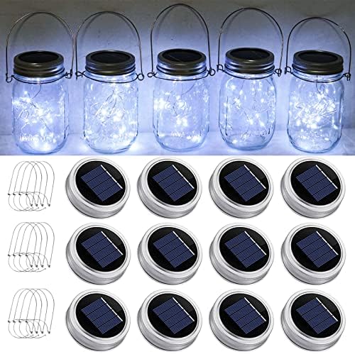 SmilingTown Solar Mason Jar String Light Lids 12 Pack 30 LED Fairy Firefly Inserts Lighting with 12 Hangers Waterproof for Outdoor Tree Patio Lawn Garden Decor, No Jars (Cool White) by SmilingTown