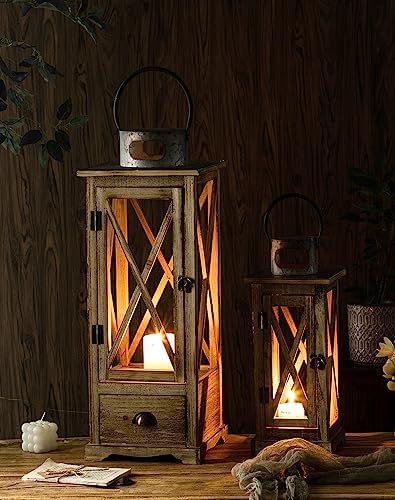 TIMRIS Large Farmhouse Wooden Candle Lantern Set of 2, Rustic Floor Candle Lanterns with Drawer, Vintage Hurricane Lantern Holder for Indoor Outdoor Decor (No Glass) - Image 4