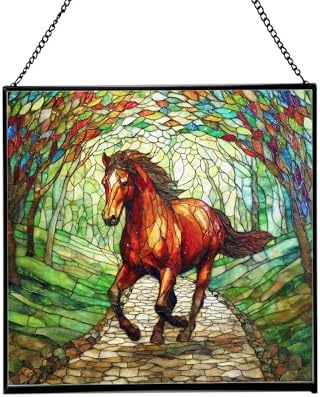 Chestnut Standardbred Horse Trotting Down Hillside Road Square Suncatcher – Stained Glass Style Window Panel with Pastoral Scene, Custom Decorative Hanging Art for Equestrian Home, Christmas SZMmNq by Custom
