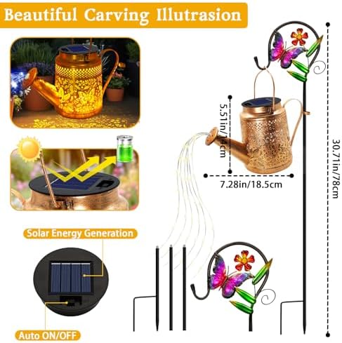 Butterfly Solar Lights Outdoor Waterproof, Solar Watering Can Lights with Shepherd Hook, Metal Hanging Lantern Garden Decor Yard Outside Patio Lawn, Gifts for Mom Grandma Women Birthday - Image 3
