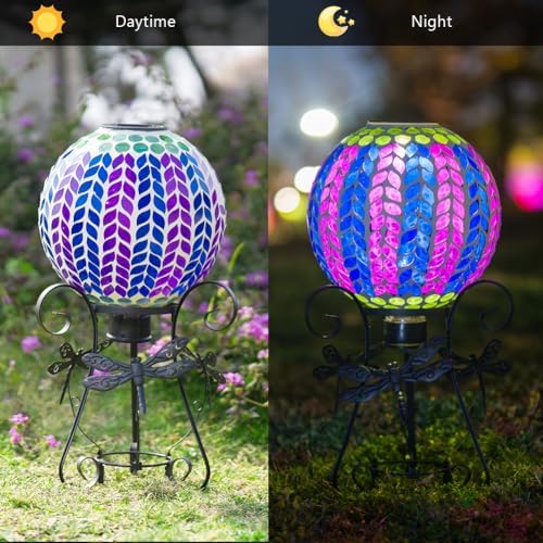 Starsoul Solar Gazing Ball, 10" Vibrant Purple Mosaic Gazing Balls with Stand, Glass Garden Globes for Outdoor Lawn Yard Patio Decor - Image 4
