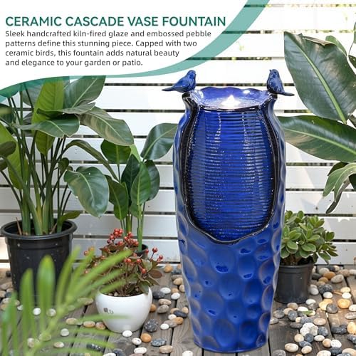 Autodaya 33" Vase Ceramic Outdoor Water Fountain with Lights and Birds - Image 5
