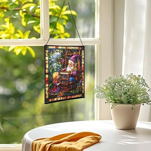 Gnome Weaving Stained Glass Suncatcher – Square Hanging Window Panel for Home, Garden, Nursery, Halloween, Christmas, Memorial Day – Whimsical Glass Art Gift for Gnome Lovers mv4mkm - Image 3