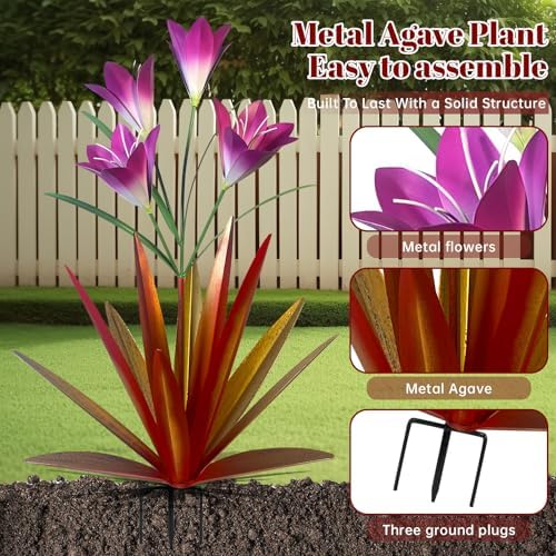 TOMBABY 32.28 Inch Metal Agave Plant Outdoor Decoration Lily Mexican Yard Art Garden Gift Home Decor Hand Painted Metal Agave Garden Yard Statue (2pc, Red) - Image 3