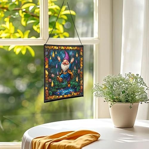 Raindrop Dance Gnome Stained Glass Suncatcher – Square Hanging Window Panel for Home or Greenhouse – Whimsical Glass Art Gift for Garden Lovers, Christmas, Halloween, Father Days yzbjUI - Image 3