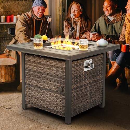 Nuu Garden Propane Fire Pit Table, CSA Certified 30 Inch 50,000 BTU Outdoor Propane Gas Cabinet Square Fire Pit Table, Iron Tabletop, Rattan and Iron Frame, with Lid and Fire Glass Beads, Black - Image 2