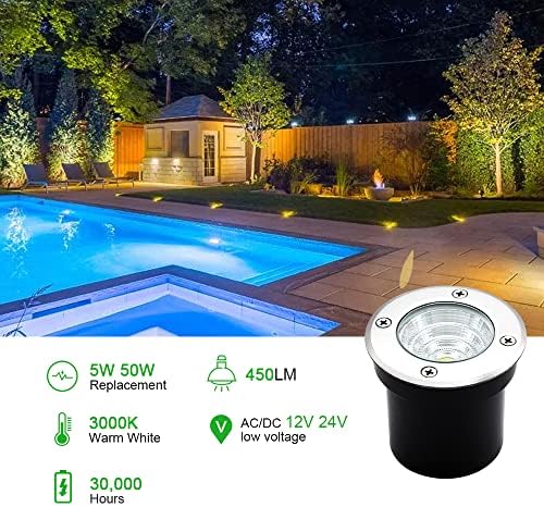 12Pack Well Lights LED Low Voltage Landscape Lights, Outdoor In Ground Light 12V-24V 5W Warm White 3000K, IP65 Waterproof Up Lighting for Pathway, Driveway, Deck, Garden, with Wire Connectors - Image 3