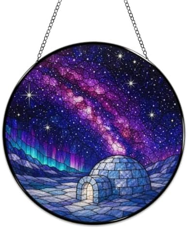 Igloo Under Starry Galaxy Stained Glass Suncatcher 11.8" Colorful Window Hanging Ornament, Sun Catcher Decor for Bathroom Front Door Living Room Home Wall Garden - Image 4
