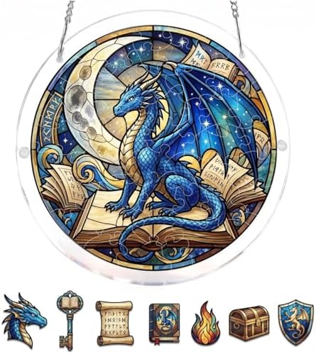 Dragon Book Jigsaw Puzzle Acrylic Suncatcher Size 8 inches, Sun Catchers for Book Lovers, Window Hanging Ornaments, Memorial Gift, Stained Glass Effect Decor for Bookworm by GIKZO