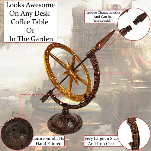 Urbalabs Iron Cast Hand Painted Golden Armillary Sundial Bronze Housing and Gold Painted Metal Disk Roman Numerals Compass Base Garden Themed Metal Decor Indoors Or Outdoors Iron Heavy-Duty - Image 3