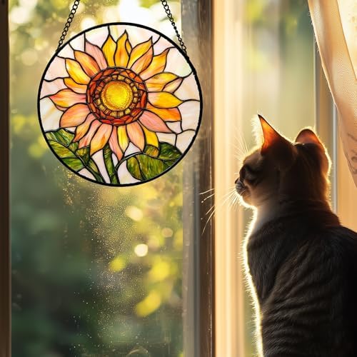 Stained Glass Window Hanging 4 Pcs Set Lily Rose Sunflower Poppy 9.8" - Flower Suncatcher Door Garden Sun Catcher Decor Birthday Mother's Day for Wife Woman Nana Girl - Image 4
