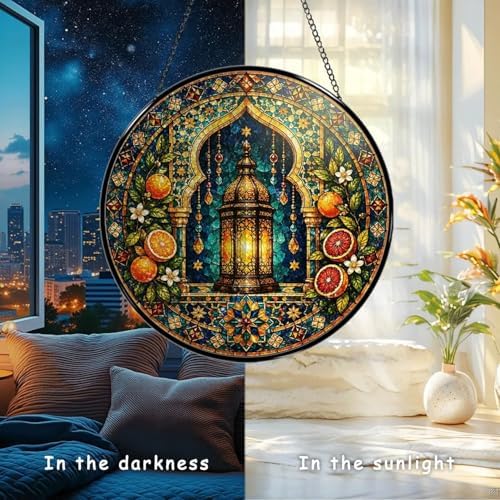 Stained Glass Window Hanging Moroccan Lantern and Orange Floral Mandala Sun Catchers Mediterranean Boho Art Glass Suncatchers for Home Porch Garden Indoor & Outdoor Decor (9.8x9.8 in) - Image 5