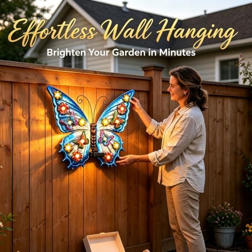 Large Butterfly Wall Art Outdoor with Solar Lights,Metal Wall Decor - Image 2