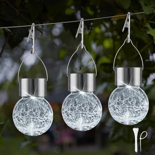 Solar Lights Outdoor Hanging Decorative Globe 24 Pack, Waterproof Solar Lantern with Handle and Clip, Solar Powered Glass Ball Lights for Garden Yard Fence Tree Umbrella Holiday Décor, Cold White - Image 2
