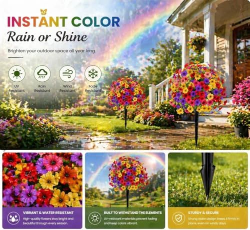 Outdoor Artificial Flowers Fake Plants, Artificial Topiary Balls with Ground Spikes, UV Resistant, Mix 4 Colors, 2 Pack, 20 inch, Garden Porch Patio Gravesite Indoor Decor (2 Pcs red) - Image 3