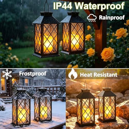 2 Pack 14" Large Tempered Glass Solar Lanterns Outdoor Waterproof, Black - Image 6