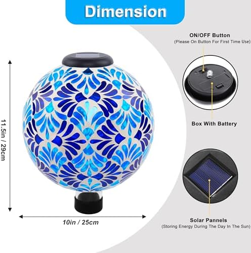 SAVENNA Mosaic Solar Gazing Ball 10 Inch, Glass Garden Globe with Auto On/Off for Yard, Lawn & Outdoor Decor, Blue Mosaic - Image 2