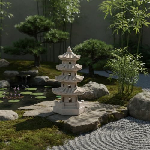 Japanese Pagoda Figurine Statue, 5-Tier Sandstone Sculpture by Unknown
