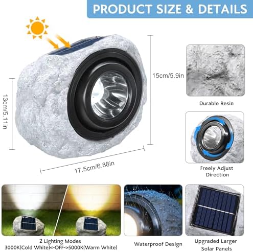 Solar Powered Rock Lights Outdoor- 2 Pack Super Bright Solar Spot Garden with 2 Lighting Modes, IP65 Waterproof Outdoor Decorative for Garden,Backyard, Roads, Yard, Patio Landscape,Sidewalks - Image 2