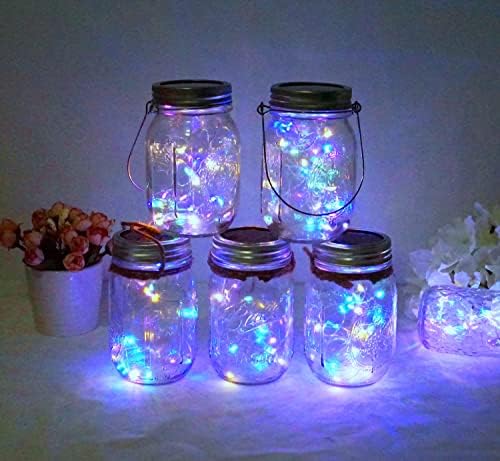 Solar Mason Jar Lid Lights, 10 Pack 30 LED Waterproof Firefly Fairy Lights with Hangers(No Jars), Outdoor Starry String Lights for Patio Yard Garden Wedding Lantern Decor (Colorful-with hanger) - Image 2