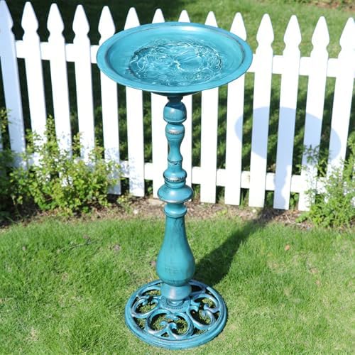 26.6" H Cast Iron Pedestal Bird Bath,Metal Birdbath for Outdoors (Blue) - Image 2