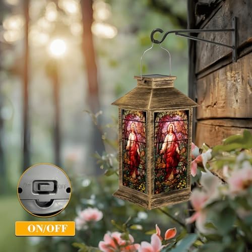 Solar Lantern Outdoor Waterproof Gethsemene Stained Glass Texas Garden Decor LED Hanging Solar Lights Tabletop Lamp Gifts for Women Mom Outside Yard Patio Porch - Image 5