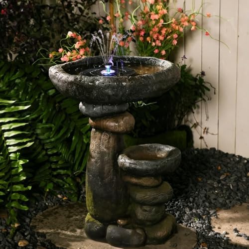 Solar Water Fountain for Bird Bath, Solar Powered Freestanding Water Feature with LED Lights, Multi-Tier Stacked Stone Bird Feeder & Planter for Yard, Porch and Outside Decor by Unknown