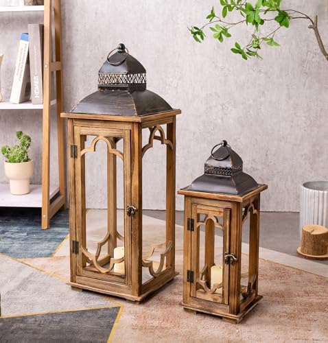 Large Farmhouse Decorative Wooden Lantern Set of 2, Rustic Brown Floor Lanterns, Indoor/Outdoor Hurricane Lanterns for Home Decor (No Glass) by Venalys