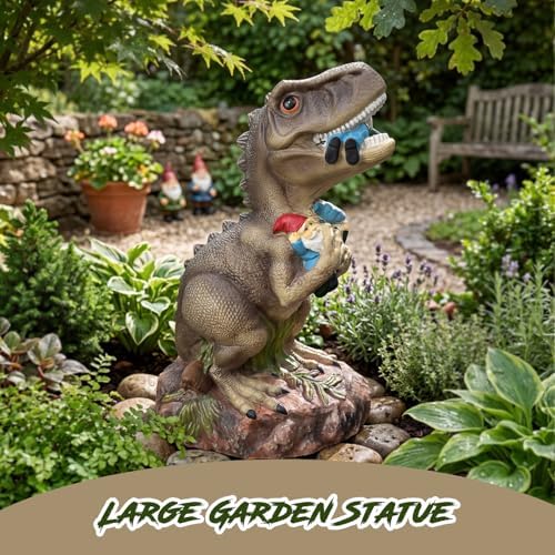 PARTYGEARS Dinosaur Statue with Gnomes, 16“ Large Outdoor Garden Statues Yard Decor, Funny Dinosaur Holding Gnomes Figurines for Patio Lawn, Weatherproof Gnome Decorations for Home, Unique - Image 7