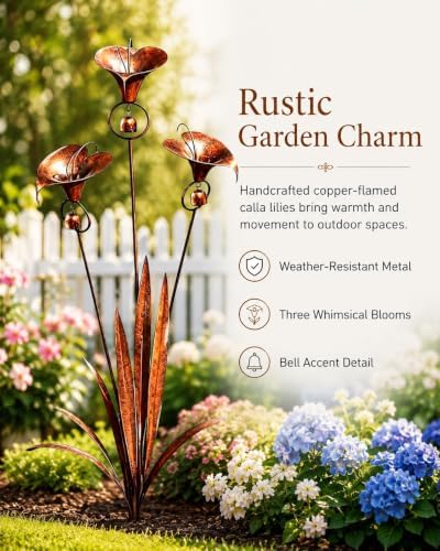 Copper Flamed Three Calla Lilies Garden Stake with Bells, Decorative Metal Stakes 24 Inch Handmade Whimsical Flower Rain Catcherflower Yard Art Decor Chime Rustic Yards Ornament Gift(3pcs) - Image 7