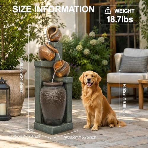 Outdoor Water Fountain with LED Lights, 34.84" Resin Tiered Jar Fountain for Patio, Garden, Porch, Backyard Decor, Freestanding Cascading Garden Fountain - Image 6