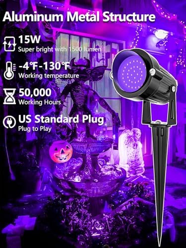 ZUCKEO Blacklight Spotlight Outdoor 15W Halloween Black Light Spot Light with US Plug, IP66 Landscape Black Lights Fixtures for Glow Party Fluorescent Yard Garden House Decorating(6Pack) - Image 2