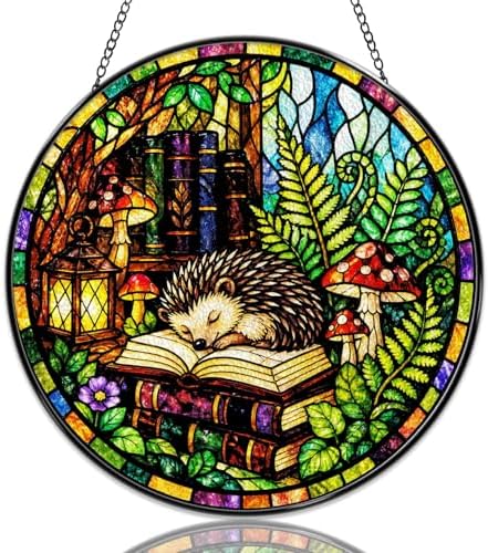 Stained Glass Window Hanging Hedgehog Forest Books Mushrooms Sun Catchers Woodland Animal Theme Suncatchers Decorative for Home Garden Outdoor & Indoor Colorful Gift 9.8 Inch by Unknown