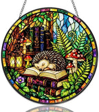 Stained Glass Window Hanging Hedgehog Forest Books Mushrooms Sun Catchers Woodland Animal Theme Suncatchers Decorative for Home Garden Outdoor & Indoor Colorful Gift 9.8 Inch by Unknown