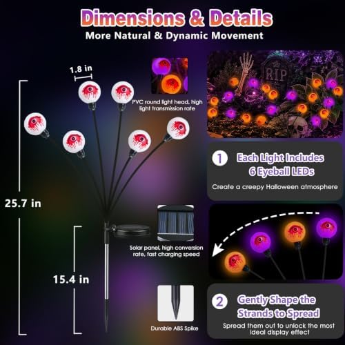 EEW Solar Halloween Decorations Outdoor 6 Pack Eyeball Lights Orange Purple - Image 6