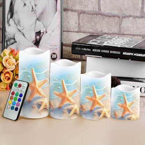 Starfish Beach Flickering Flameless Candles Battery Operated Candles Set of 4 with Remote Control Timer Color Changing Pillar Candles Bulk Tea Lights Home Table Kitchen Decoration - Image 4