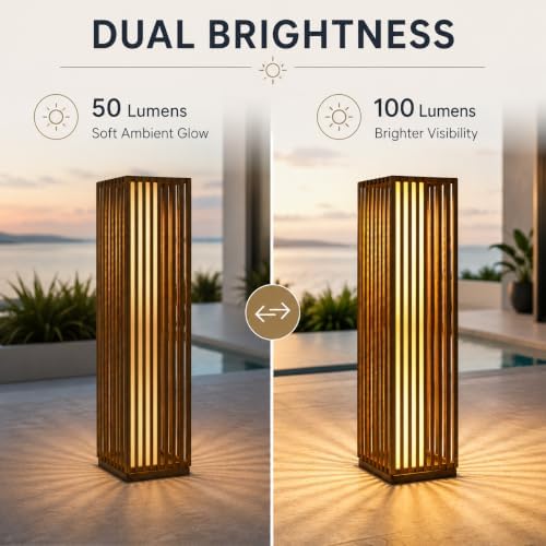 Solar Yard Slim Solar Outdoor Floor Lamp, Modern Wicker Patio Light with Dual Brightness 50/100 Lumens, Cordless Waterproof Standing Lantern for Backyard, Porch, Balcony & Poolside Decor, Brown - Image 2