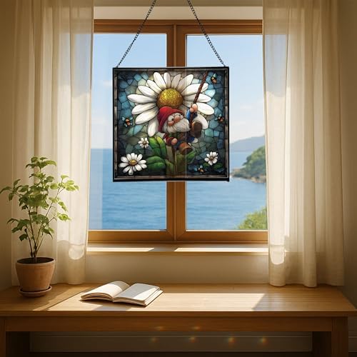 Gnome and Daisy Swing Stained Glass Suncatcher – Square Hanging Window Panel for Home or Greenhouse – Whimsical Glass Art Gift for Garden Lovers, Christmas, Halloween, Father Days eoMJv6 - Image 6