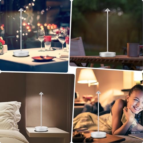 2Pack Rechargeable Cordless Table Lamp, Portable Powered LED Battery 6000mAh Metal USB Desk Lamp, 3 Levels Brightness Light for Restaurants Outdoor (2pack Silver) - Image 5