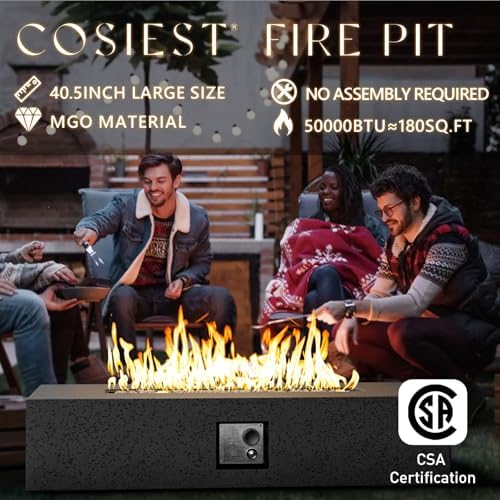 COSIEST 56" Rectangular Outdoor Propane Fire Pit Coffee Table w Concrete Rectangle Base, Certified, 50,000 BTU, Free Lava Rocks and RainCover, Fits 20lb Tank Outside,Tank Cover, Gray - Image 4