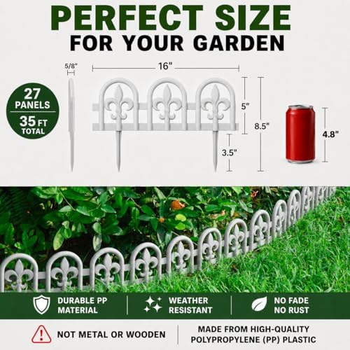 Evelyne Gray Garden Border Plastic Edging – PP Plastic, Short Metal-Free Wrought Iron Look Design, 27pcs Yard Landscaping Fence Liner Lawn Edge Barrier, 35ft Kit of Decorative Lawn Landscape Panels - Image 5