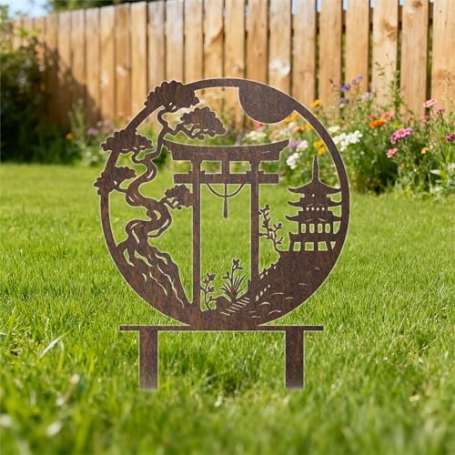 Japanese-Inspired Garden Stake Set - Rust-Covered Metal Sparrow, Torii Gate & Pagoda Sculptures, Zen Outdoor Decor for Lawns, Gardens & Meditation Spaces, for Japanese Culture Enthusiasts - Image 3