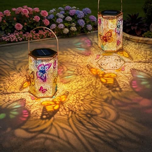 2Pack Solar Outdoor Lanterns Waterproof Butterfly Gifts for Women, 3D Colorful Solar Garden Yard Lanterns, Gardening Gifts for Women, Mothers' Day GIFS Mom, Birthday Gifts by Homeimpro