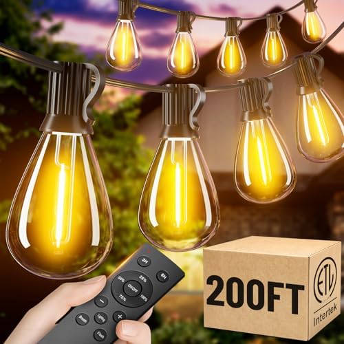 200FT Outdoor String Lights with Remote, Waterproof Patio Lights with 72+2 Shatterproof LED Bulbs,Dimmable Hanging Decor for Backyard Garden Porch Bistro, Timer & 3 Modes,2700K Warm White by AMZRAP