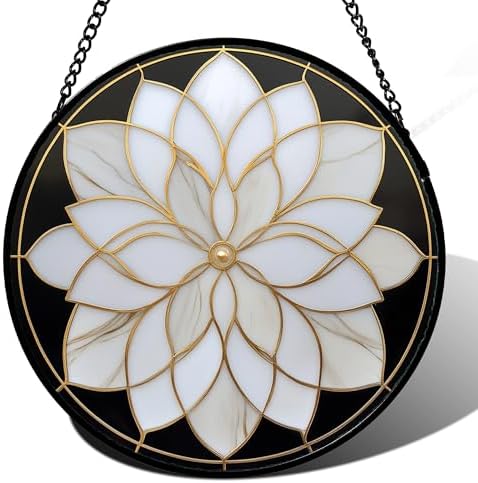 Stained Glass Window Hanging - White Flowers Suncatcher for Door Terrace Garden Home Decor Abstract Black Gold Sun Catcher Christmas Birthday Gifts for Lovers Women Men Dad Mom Nana 9.8 in by JOSUMALY