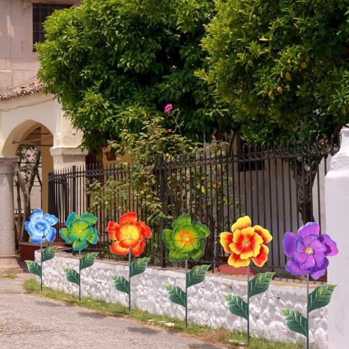 Suncalla 6 Pcs Metal Flowers Stakes Garden Decor for Outside 24 Inch Colorful 3D Hibiscus Flowers Yard Art Decor for Spring Outdoor Lawn Porch Pathway Patio Decoration - Image 4