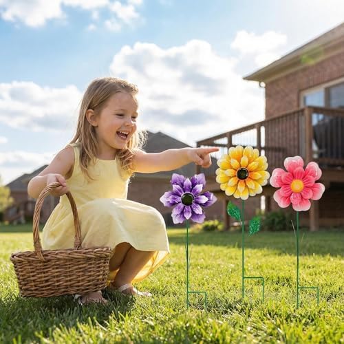 3pcs 18inch Metal Flower Decorative Garden Stakes & Wind Spinner for Outdoor, Colorful Yard Art Garden Decorations for Outside Lawn Porch Pathway Patio. - Image 7
