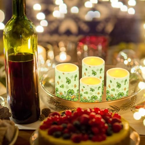St Paddy's Day Shamrocks Battery Operated Flickering Candles with Timers Flameless Candles with Remote Green Leaves Outdoor Porch LED Lights for Home Decorations - Image 4